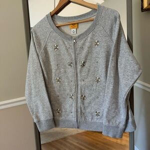 Ruby Rd Gray Zip-Up with Floral Embellishments